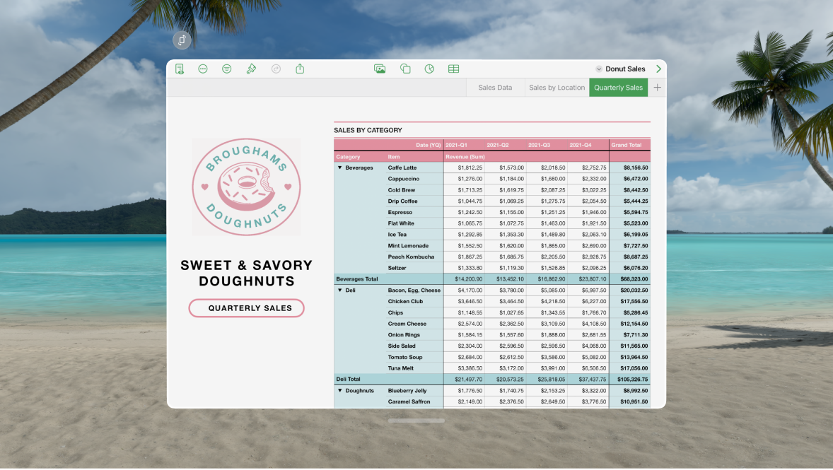 تطبيق Numbers على Apple Vision Pro ويعرض جدول بيانات مفتوحًا وعناصر التحكم في التنسيق في الأعلى.