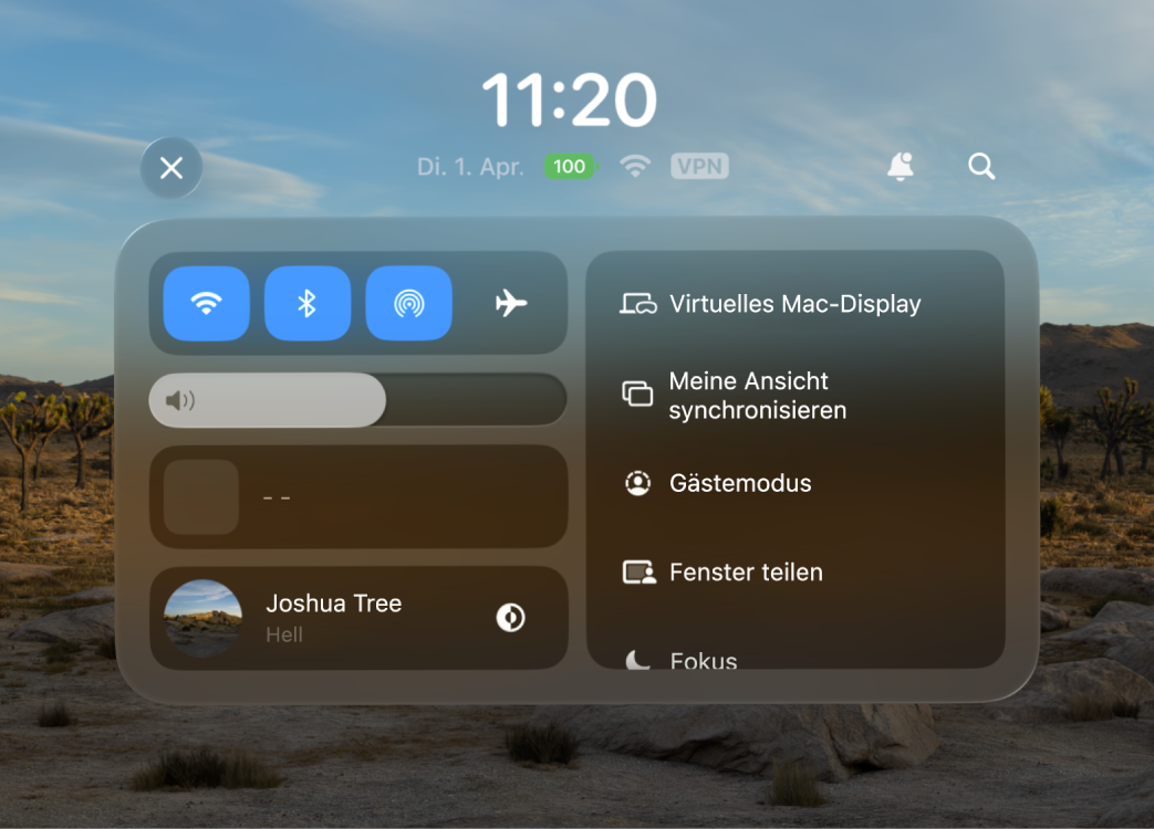 Das Kontrollzentrum mit einer Liste von Steuerelementen auf der rechten Seite, einschließlich „Siri“, „Virtuelles Mac-Display“, „Meine Ansicht synchronisieren“ und „Gästemodus“.