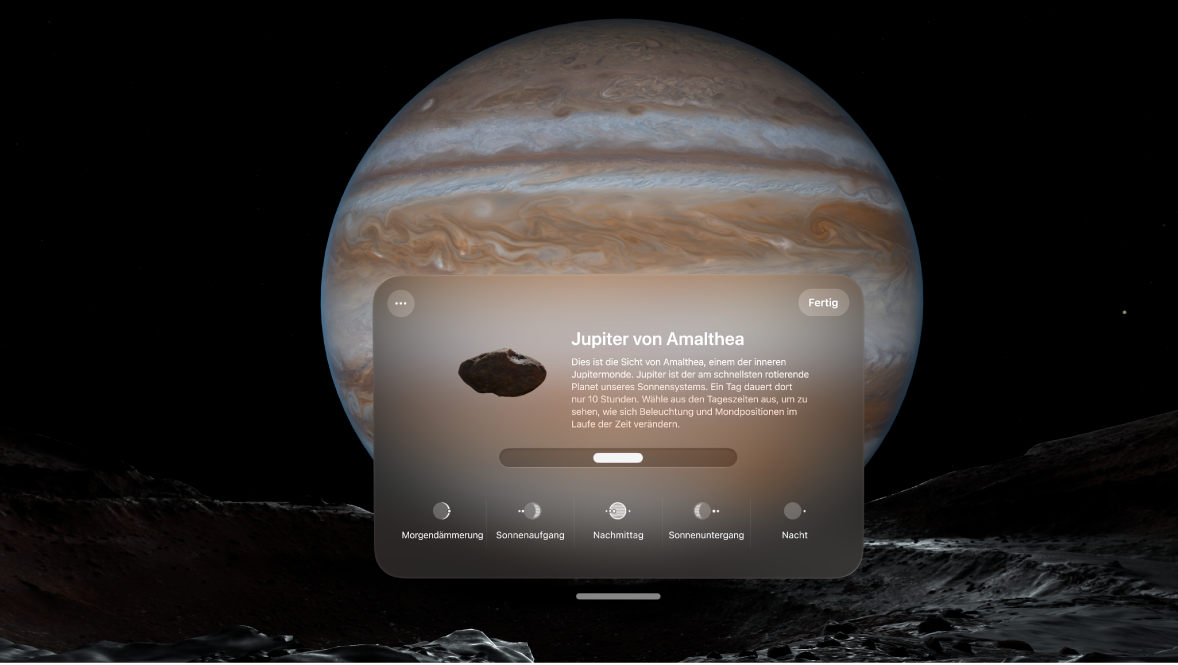 Die Umgebung „Jupiter“ auf der Apple Vision Pro mit Optionen zum Ändern der Tageszeit.