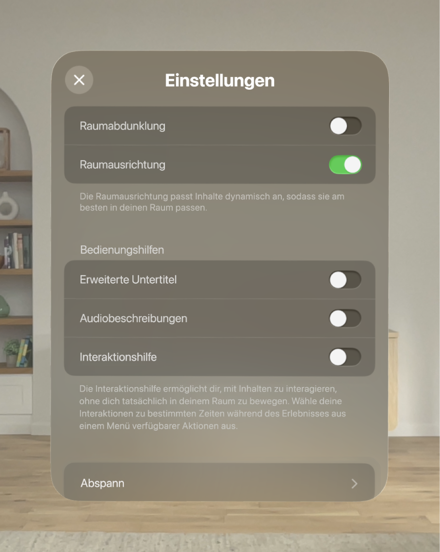 Die Einstellungen für „Die Dinosaurier“ mit Optionen zum Anpassen der Raumdimmung und -ausrichtung sowie zum Aktivieren von erweiterten Untertiteln, Audiobeschreibungen und Hilfe für die Interaktion.