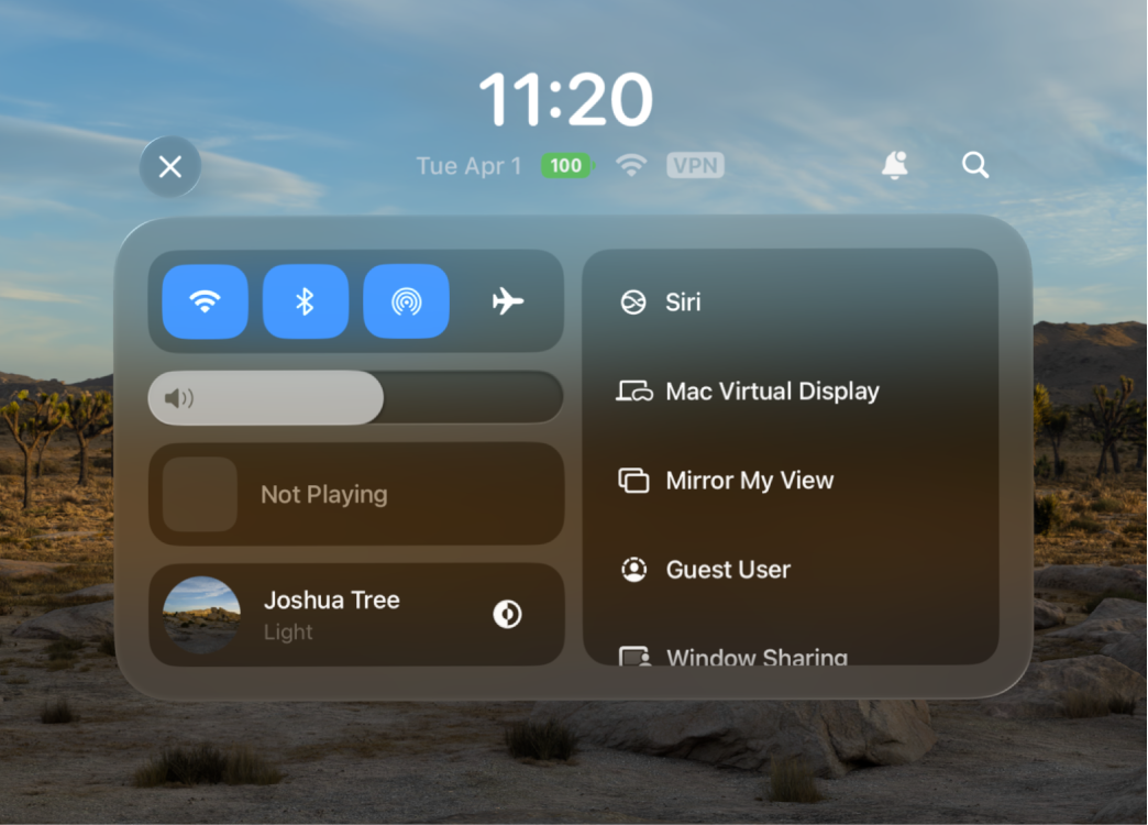 Control Center on Apple Vision Pro with the Siri button visible on the right.