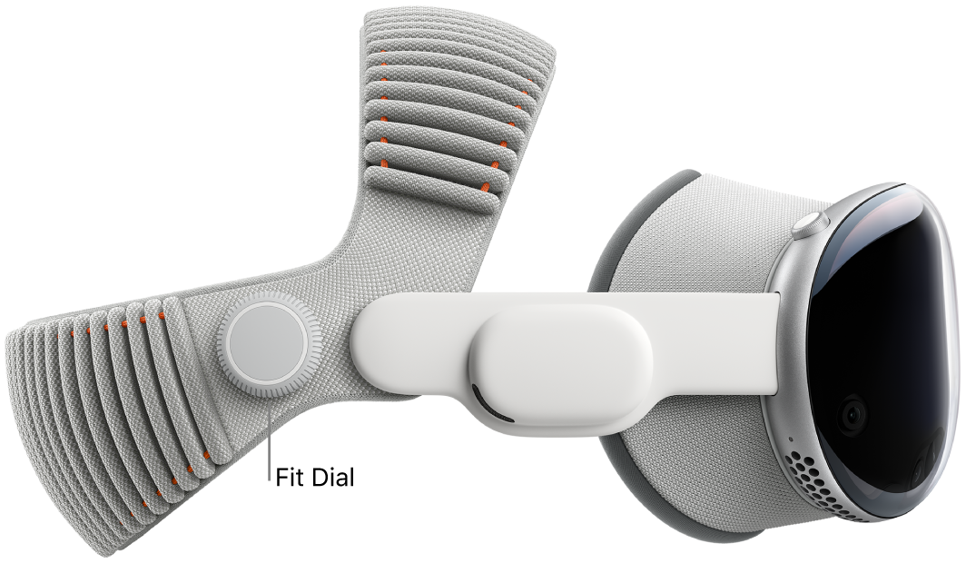 Apple Vision Pro with the Dual Knit Band attached. The Fit Dial is on the right side of the Dual Knit Band.