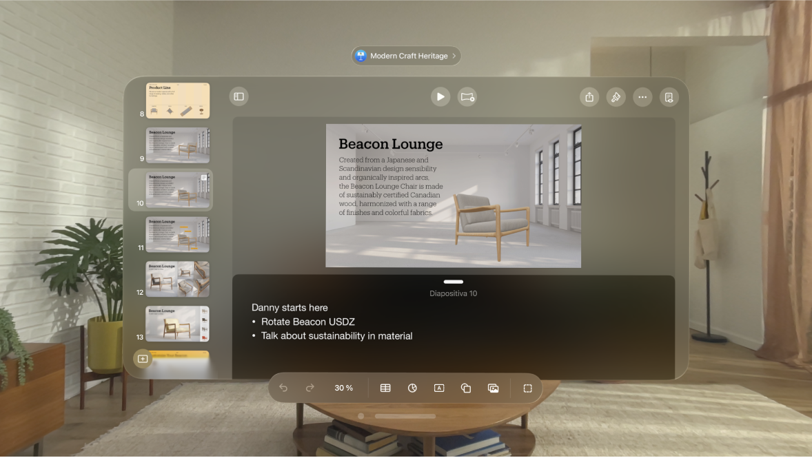 App Keynote del Apple Vision Pro con las notas del presentador en la parte inferior de la ventana de la app.