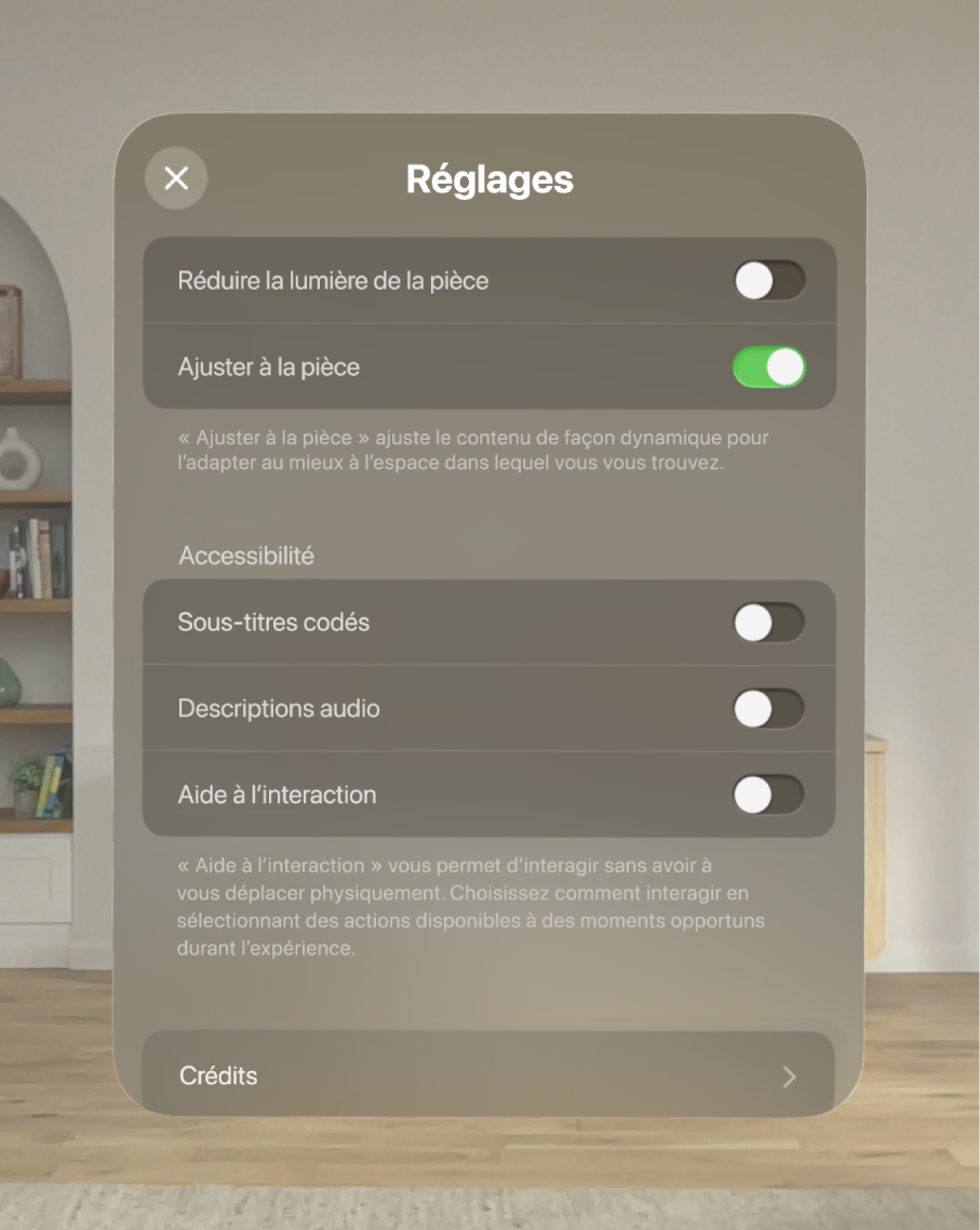 Les réglages de l’expérience À la rencontre des dinosaures, avec des options à ajuster comme Réduire la lumière de la pièce et Ajuster à la pièce, ainsi que des options à activer, comme Sous-titres codés, Descriptions audio et Aide à l’interaction.