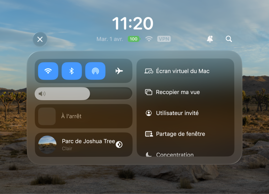 Le centre de contrôle ouvert, avec la liste des commandes à droite, notamment Siri, « Écran virtuel du Mac », « Recopier ma vue » et « Utilisateur invité ».