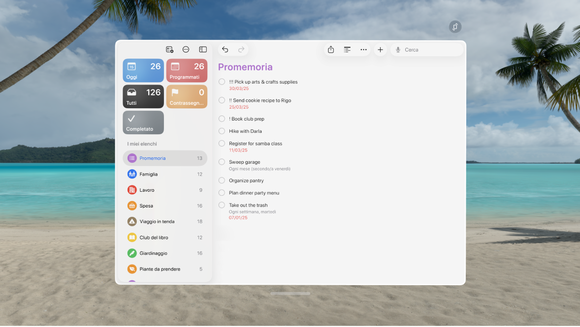 L’app Promemoria su Apple Vision Pro che mostra un elenco di promemoria non contrassegnati come completati.