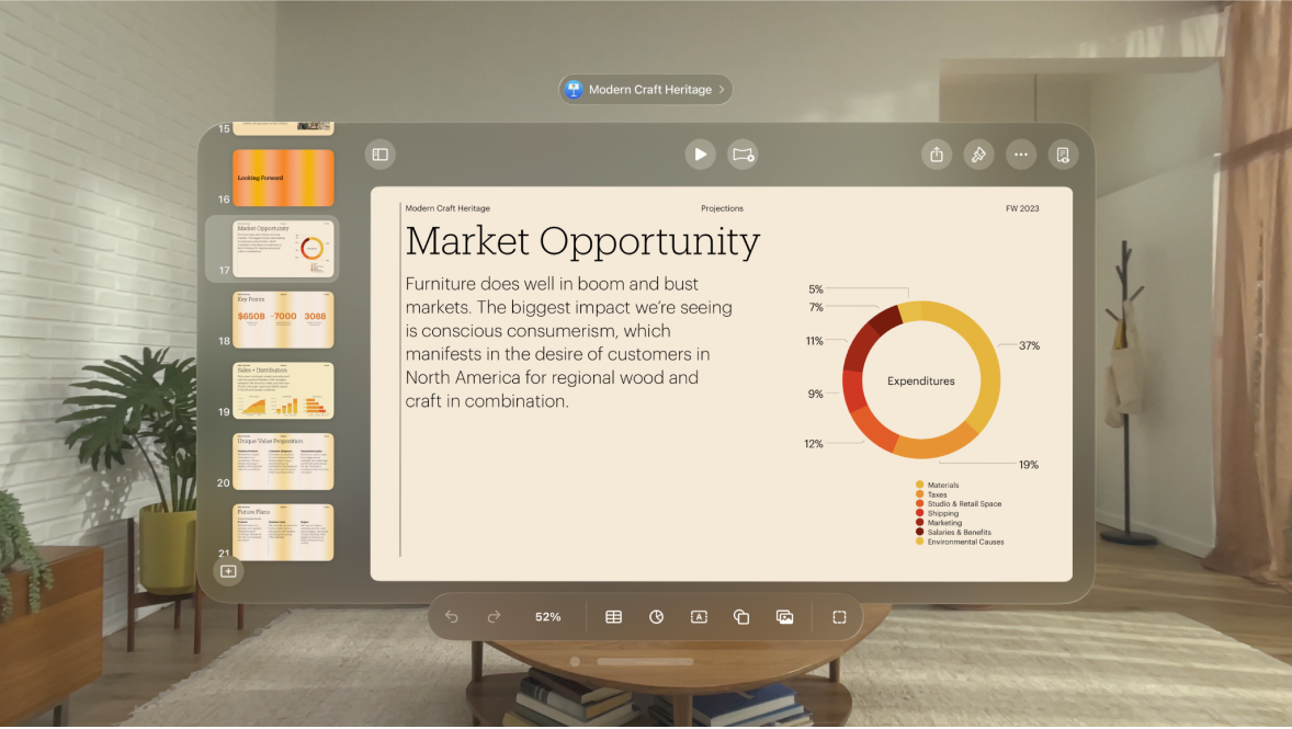 L’app Keynote su Apple Vision Pro che mostra un grafico con una legenda.