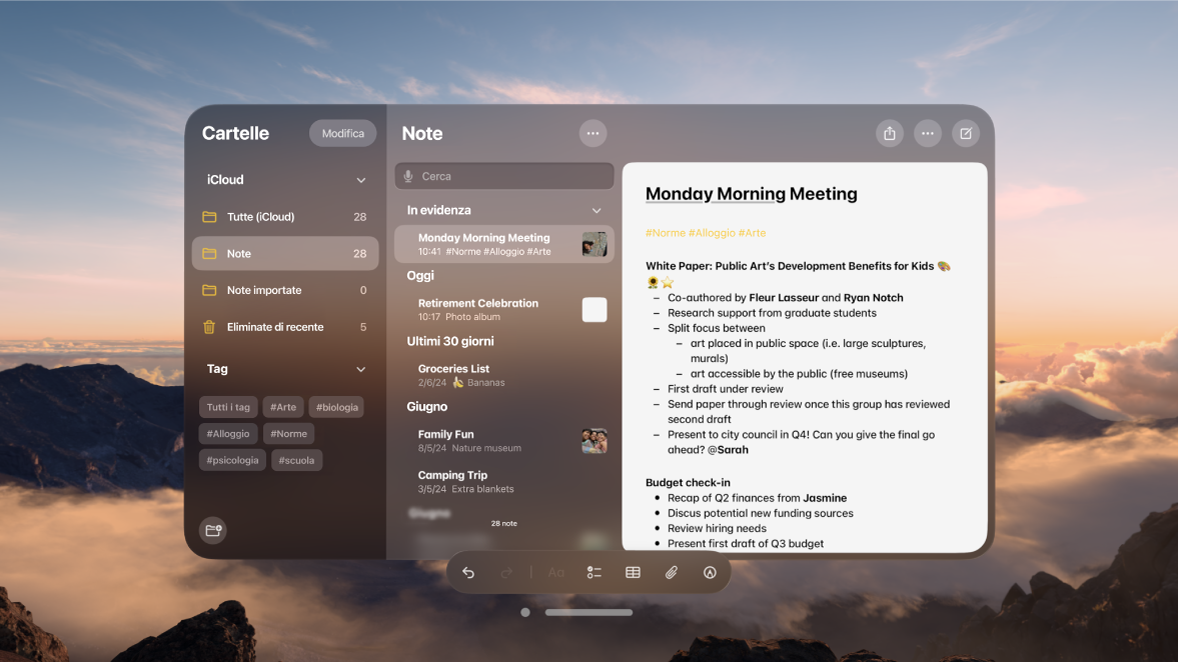 La vista di un utente su Apple Vision Pro. La finestra di un’app è visibile e sullo sfondo viene mostrato un ambiente.
