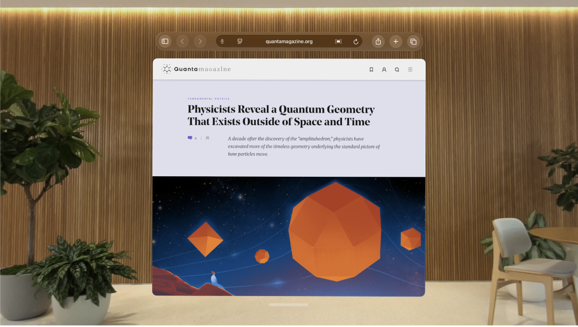 열린 웹사이트가 표시된 Apple Vision Pro의 Safari 앱.