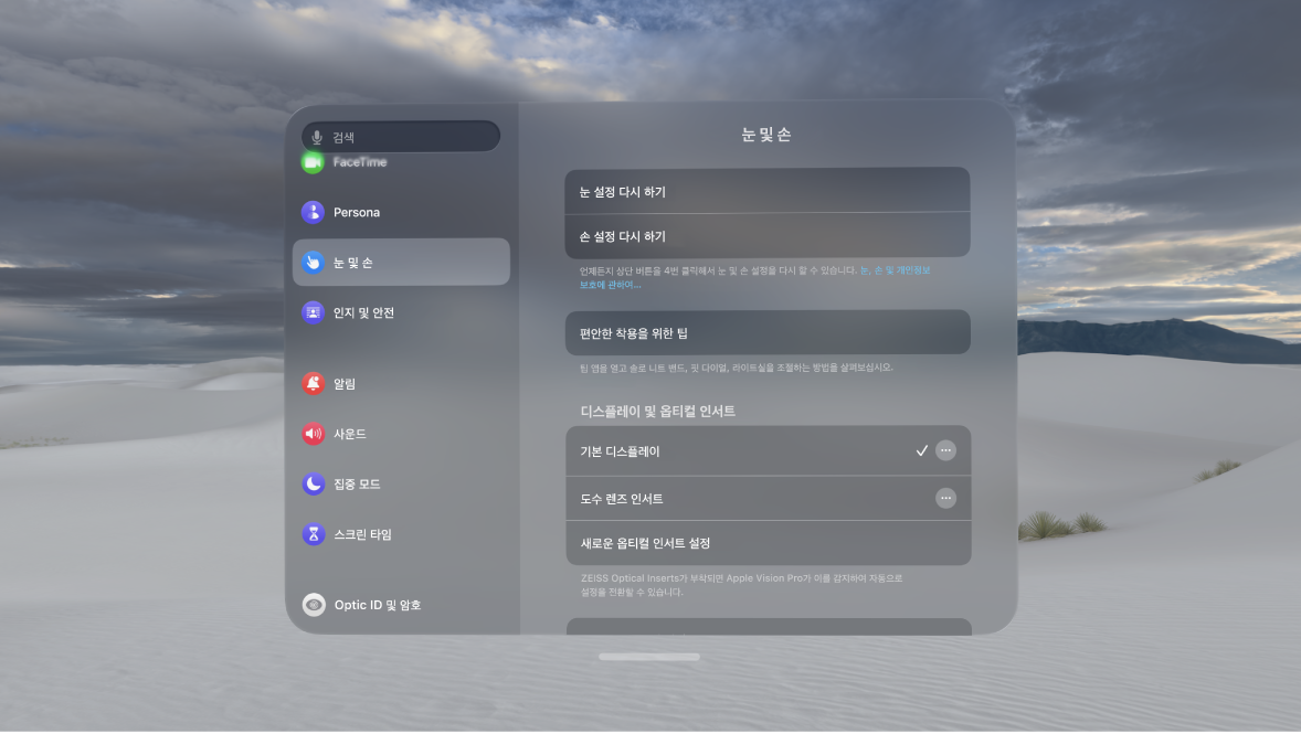 눈 및 손 설정이 표시되어 있으며, 눈 및 손 설정을 다시 하고, 손 입력 설정을 변경하는 등의 작업과 관련된 옵션이 있음.