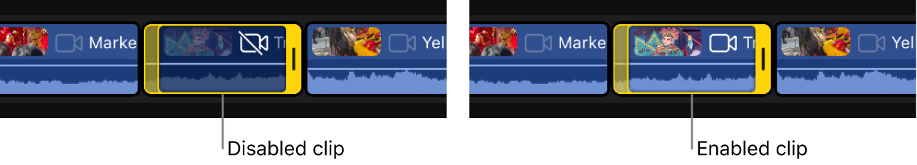 The same clip shown disabled and enabled in the timeline.