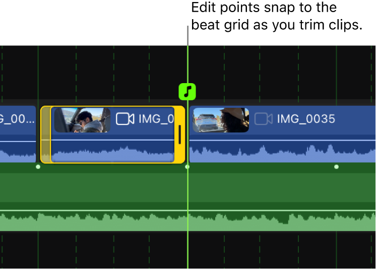 A timeline clip being trimmed to a bar marker, with the beat grid line highlighted in bright green.
