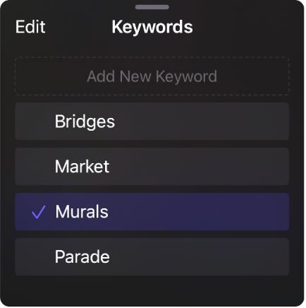 The Keywords list showing current keywords and a field for adding new keywords.