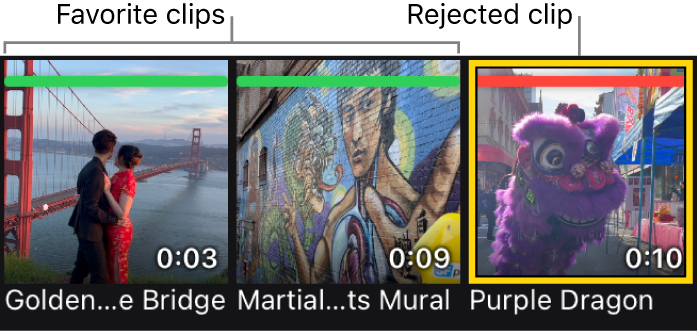 Clip thumbnails in the media browser showing favorite ratings (a horizontal green bar) and a rejected rating (a horizontal red bar).
