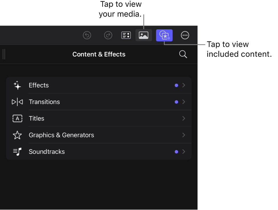The Media Browser and Content Browser buttons in the toolbar, with the Content Browser button selected and the browser below displaying video effects.