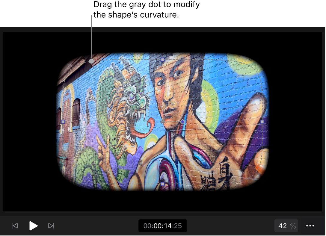 The viewer showing a rounded, rectangular Shape Mask applied to a clip, with onscreen controls to modify the size and shape of the mask.