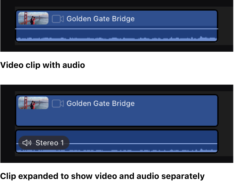 A clip in the timeline shown before and after being expanded to show video and audio separately.