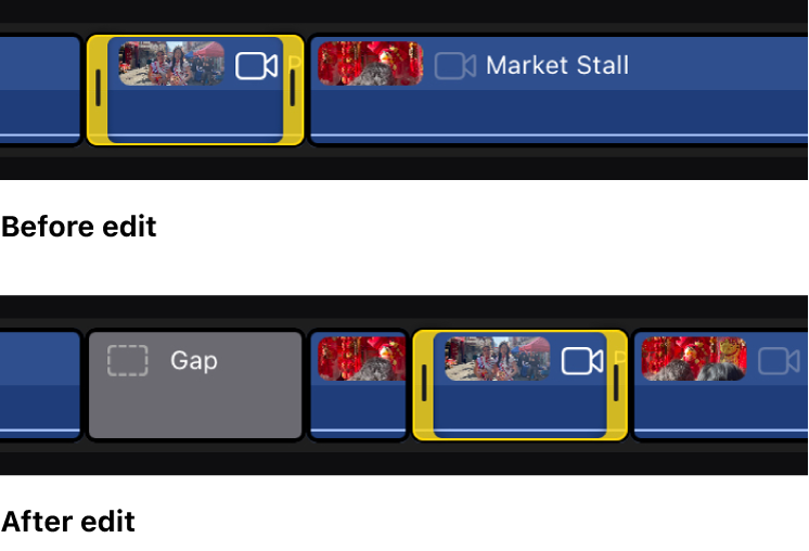 A clip shown before and after being dragged to a new location in the timeline when Position mode is on. After being dragged to its new position, the clip overwrites a portion of an adjacent clip, and a gap clip fills in the vacated part of the timeline.