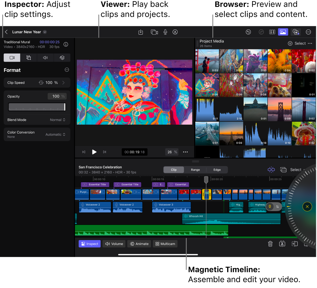 The Edit screen showing the inspector open on the left, the viewer and browser at the top, and the timeline at the bottom with the jog wheel open on the right.