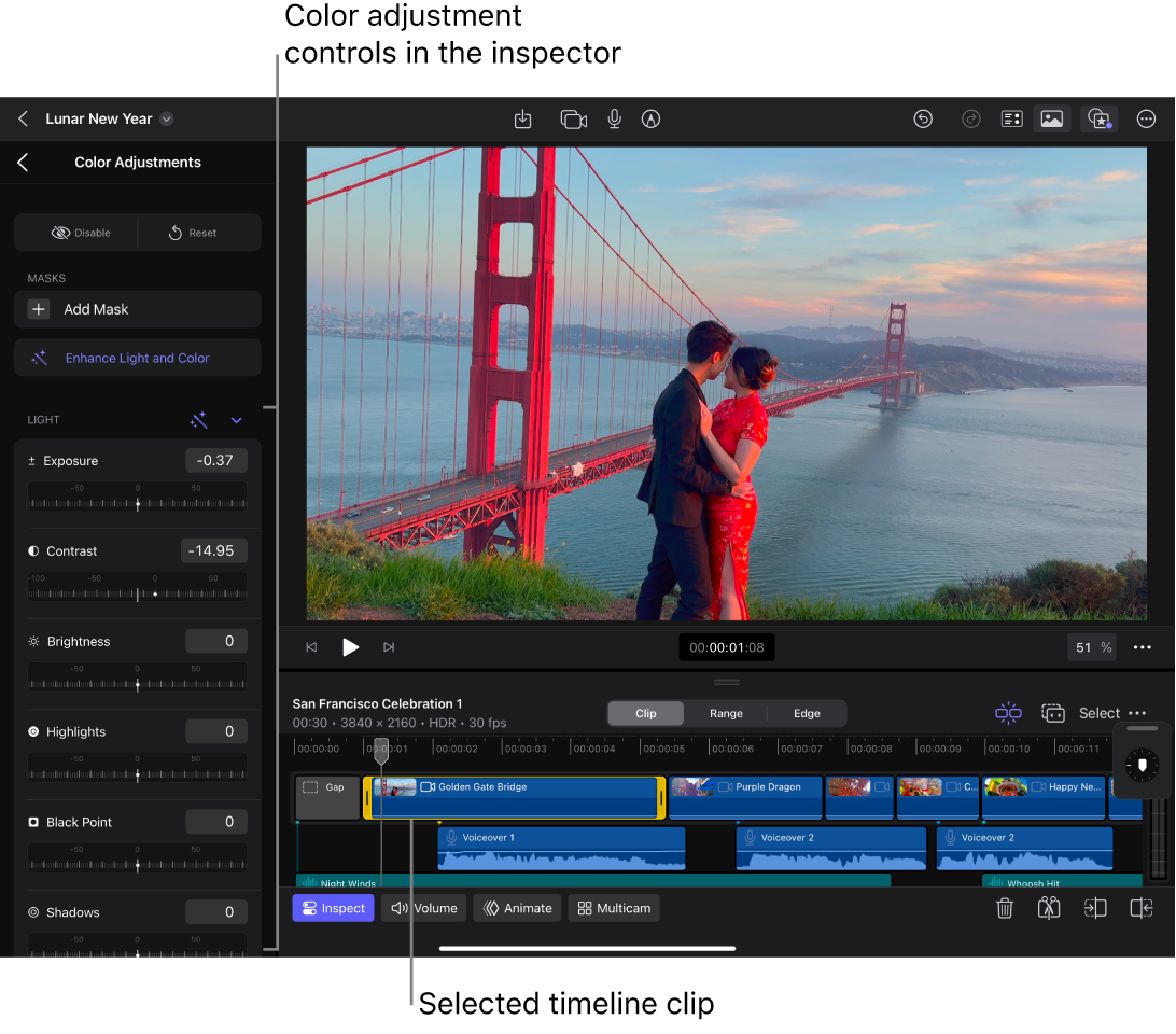 A clip selected in the timeline, and the inspector open on the left showing color adjustment controls.