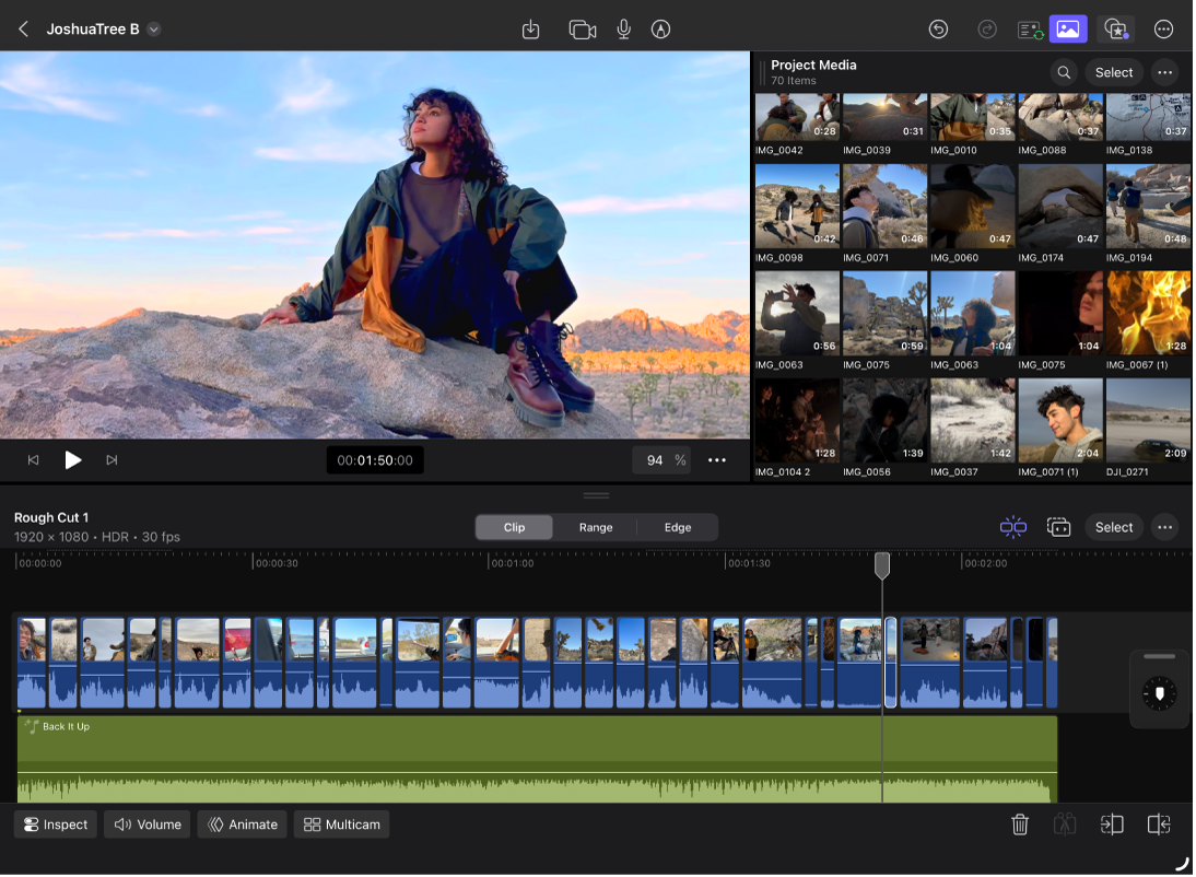 The Edit screen with the montage sequence in the timeline.
