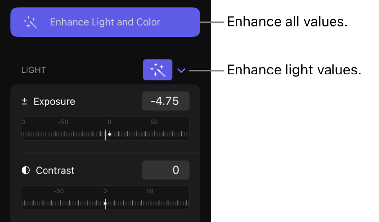 The Effects tab of the inspector showing the Enhance Light and Color button and the Enhance button for the Light section.