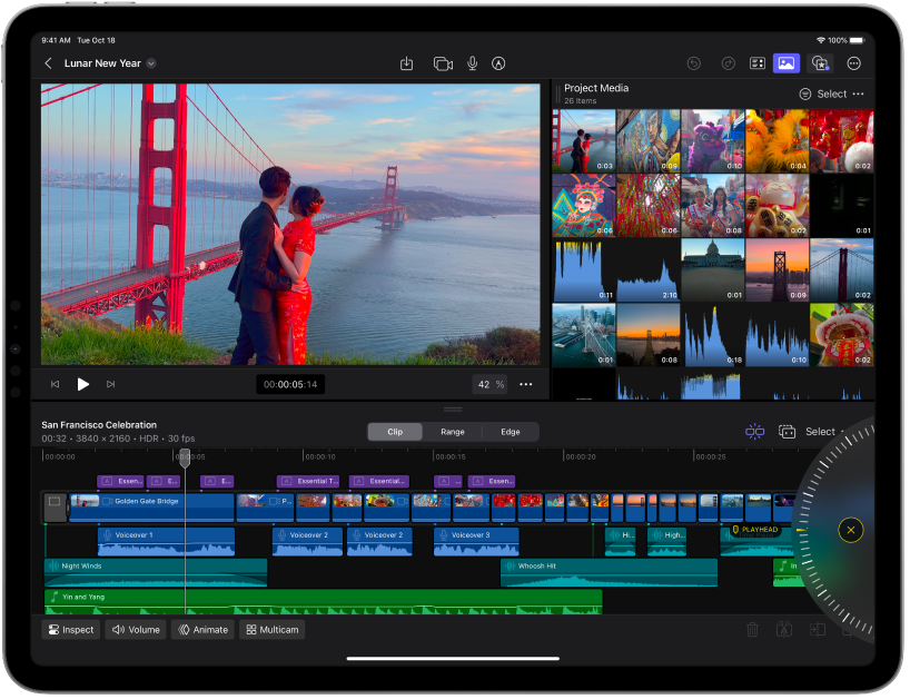 Pantalla Edición de Final&nbsp;Cut&nbsp;Pro con el visor, el explorador y la línea de tiempo.