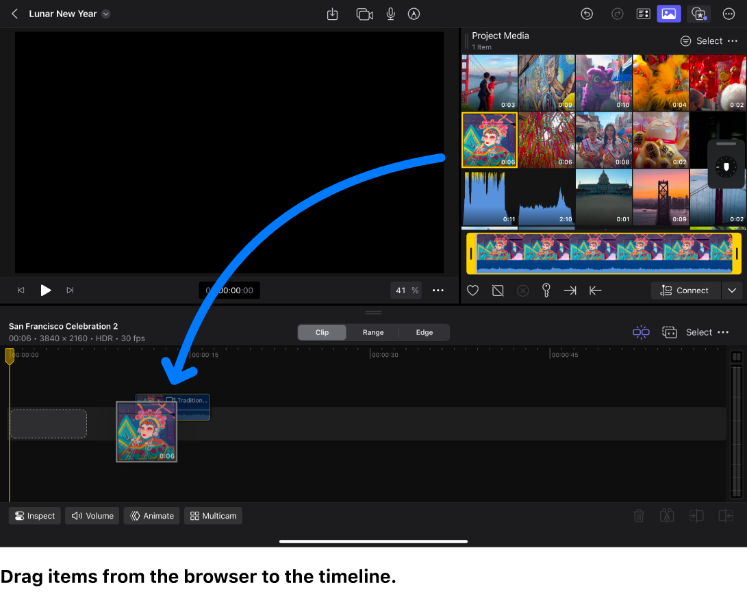 El espacio de trabajo principal de Final Cut Pro para iPad, mostrando cómo se arrastra una miniatura de clip desde el explorador a la línea de tiempo.