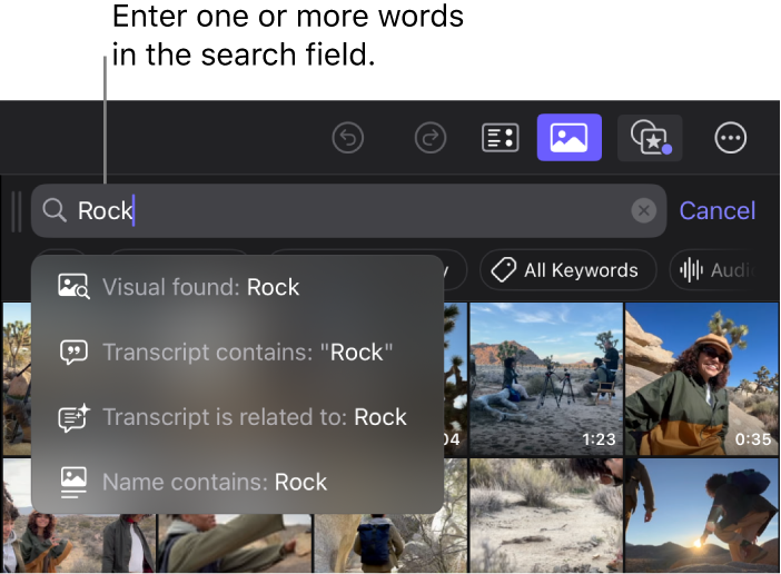 Explorador que muestra los clips que coinciden con la palabra “Rock” introducida en el campo de búsqueda, con opciones para restringir los resultados de búsqueda a imágenes, diálogo hablado o texto.