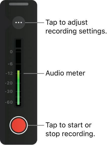 Los controles de voz en off, con un botón Grabar, un medidor de audio, un botón Más para opciones de ajustes de voz en off y un tirador en la parte superior para cambiar la posición.