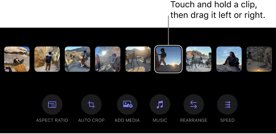 Un clip seleccionado en la fila de miniaturas situada en la parte inferior de la pantalla del creador de montajes.