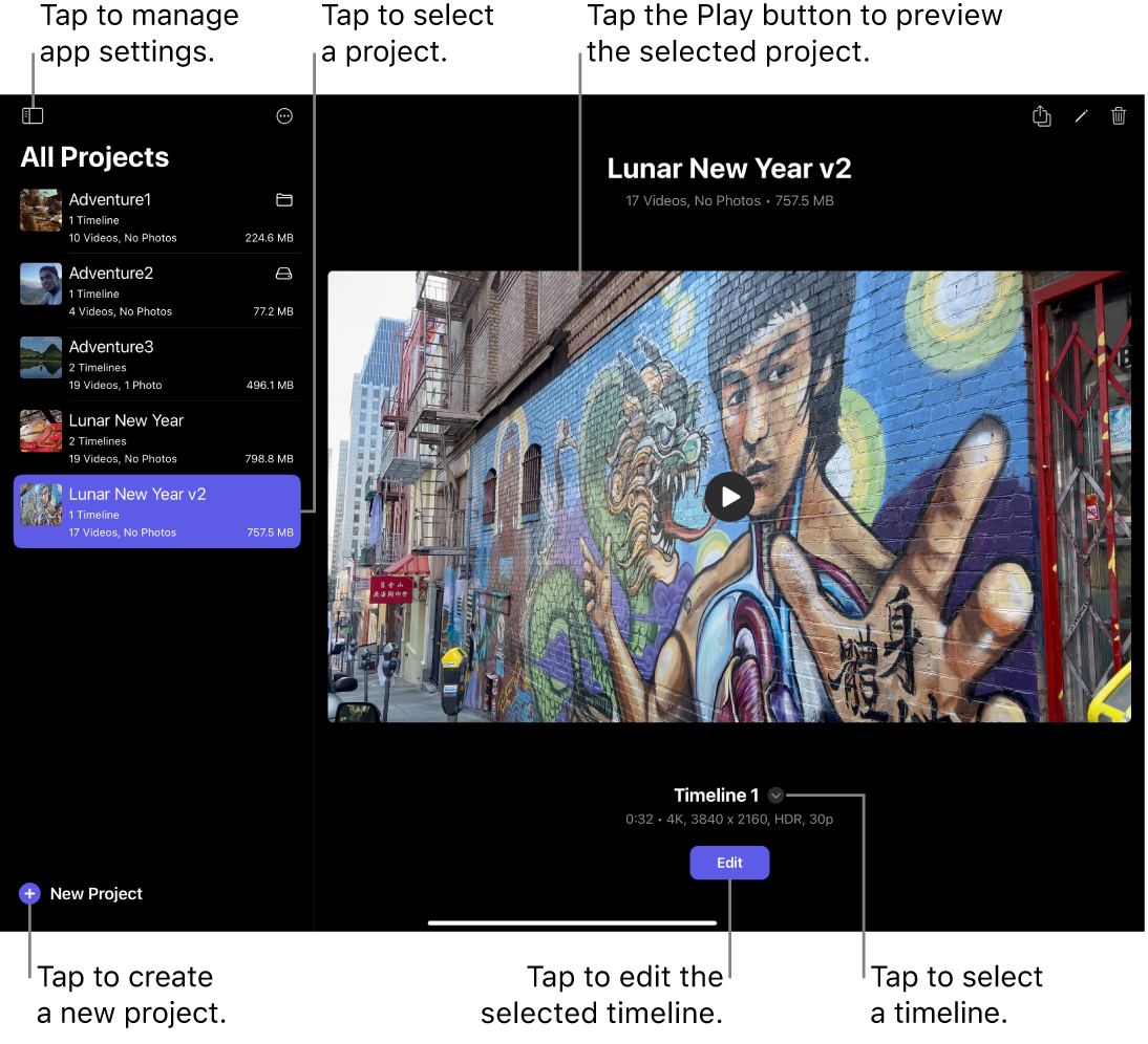 La pantalla Proyectos con la lista de proyectos a la izquierda y la previsualización de un proyecto seleccionado a la derecha. Encima de la imagen de previsualización aparece un botón de reproducción y, debajo de este, un botón de edición.