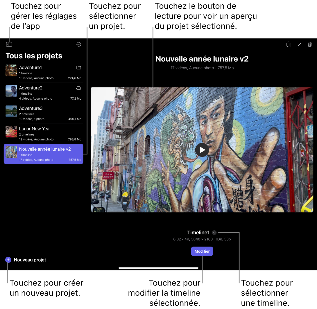 Écran Projets affichant la liste de projets à gauche, l’aperçu de projet à droite, ainsi que des boutons permettant de créer un projet, de sélectionner une timeline et d’ouvrir la timeline sélectionnée pour le montage.