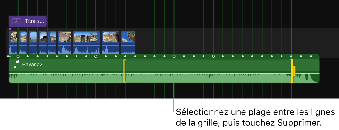 Timeline affichant un plan musical avec une plage sélectionnée entre des lignes de la grille des temps.