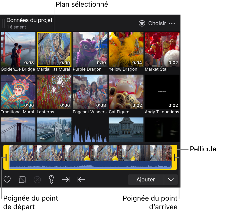 Navigateur multimédia affichant une vignette de plan sélectionnée et sa pellicule avec des poignées de départ et d’arrivée jaunes.