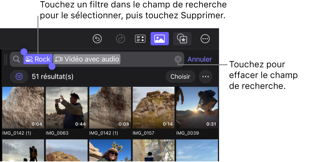 Navigateur affichant des résultats de recherche et un filtre sélectionné dans le champ de recherche.