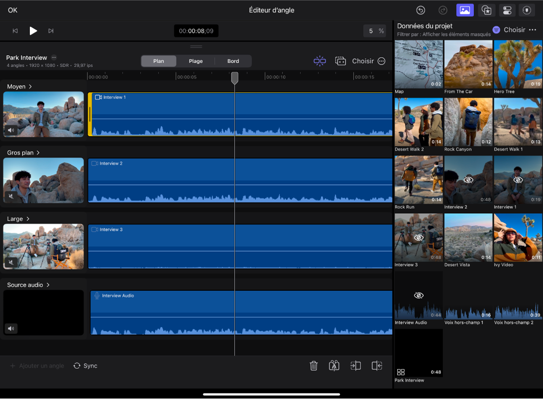 Éditeur d’angle affichant les plans d’un angle sur des voies séparées avec le navigateur à droite.