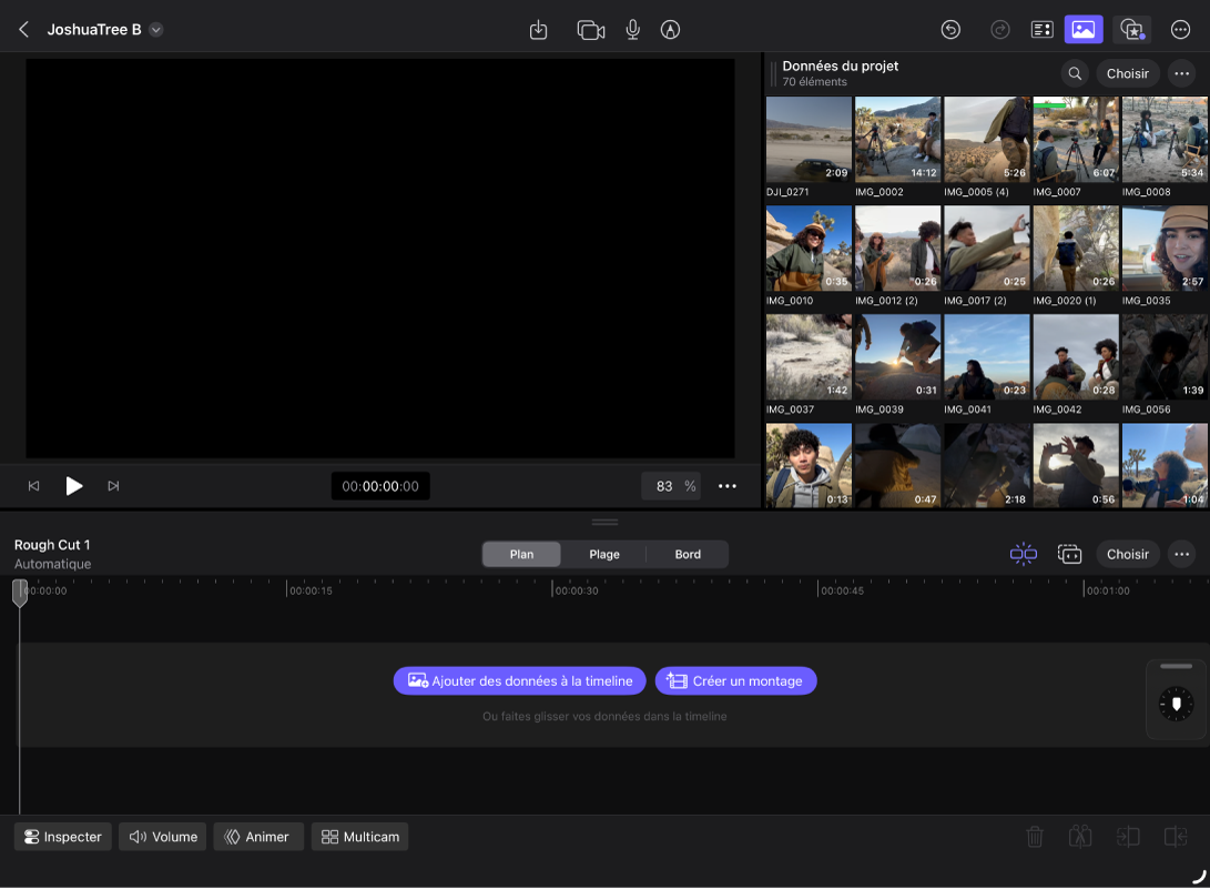 Écran Édition avec des données dans le navigateur et une timeline vide contenant deux boutons : « Ajouter des données à la timeline » et « Créer un montage ».