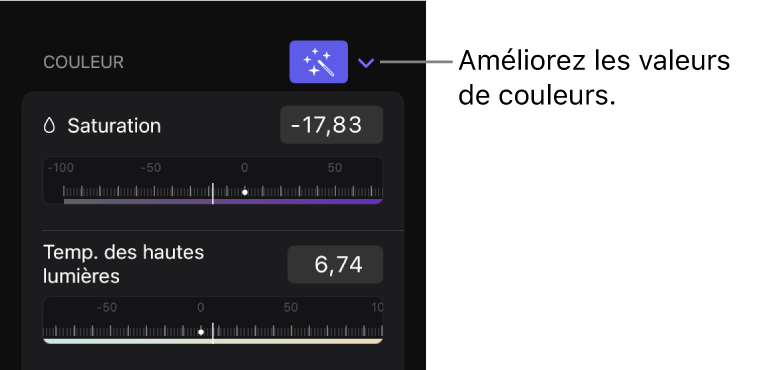 Onglet Effets de l’inspecteur avec le bouton Améliorer pour la section Couleur.
