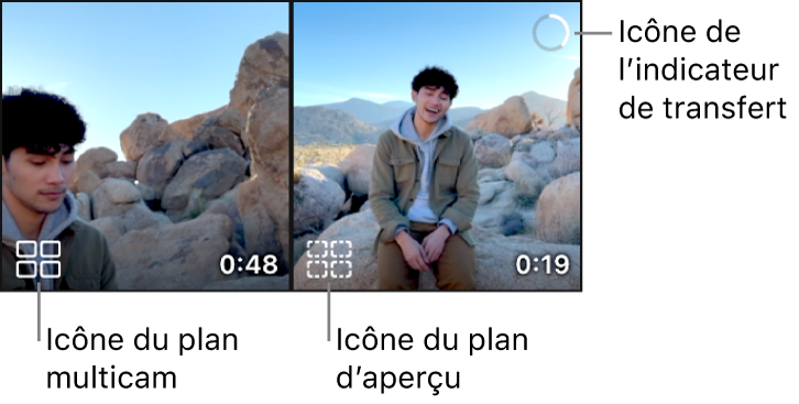Un plan multicam avec une icône de plan multicam, et un second plan multicam avec une icône de fichier d’aperçu et une icône d’indicateur de transfert, montrant qu’un transfert de fichiers est en cours.