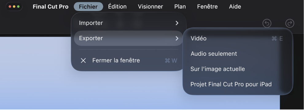 Barre des menus affichant le menu Fichier et le sous-menu Exporter.