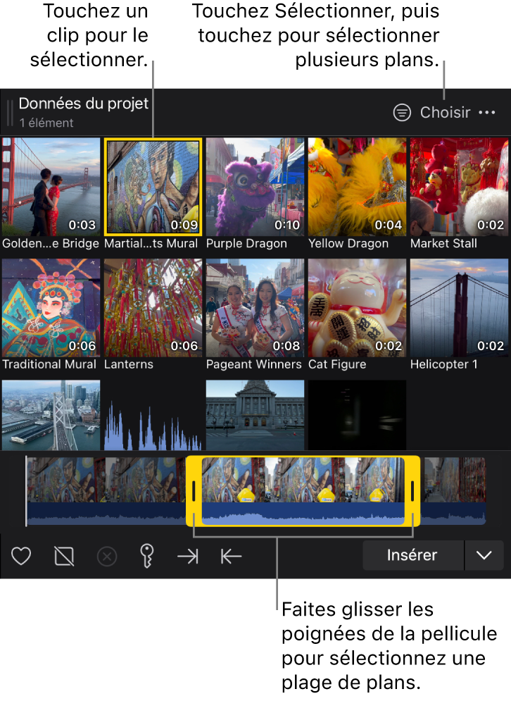 Le navigateur multimédia montrant un plan sélectionné, sa pellicule au bas avec une plage sélectionnée, et le bouton Sélectionner pour sélectionner plusieurs plans à la fois.
