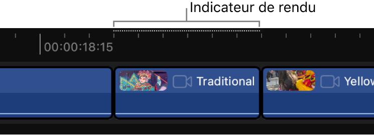 Indicateur de rendu affiché au-dessus d’un plan dans la timeline