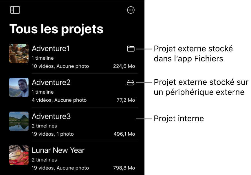 Projets dans la liste de projets, avec des icônes indiquant des projets stockés dans l’app Fichiers ou sur un périphérique externe.