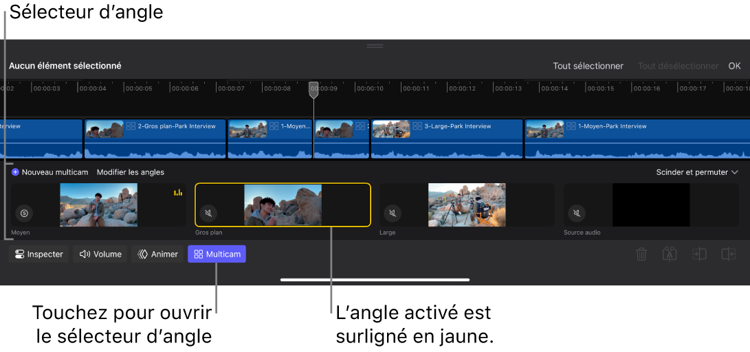 Le sélecteur d’angle s’ouvre dans la timeline, avec des vignettes pour les quatre angles.