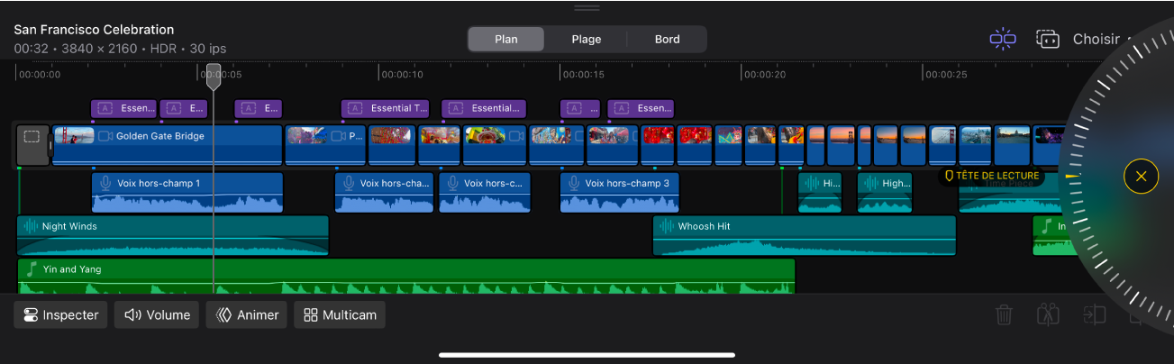 Timeline magnétique de Final&nbsp;Cut&nbsp;Pro pour&nbsp;iPad affichant des plans vidéo, audio et de musique