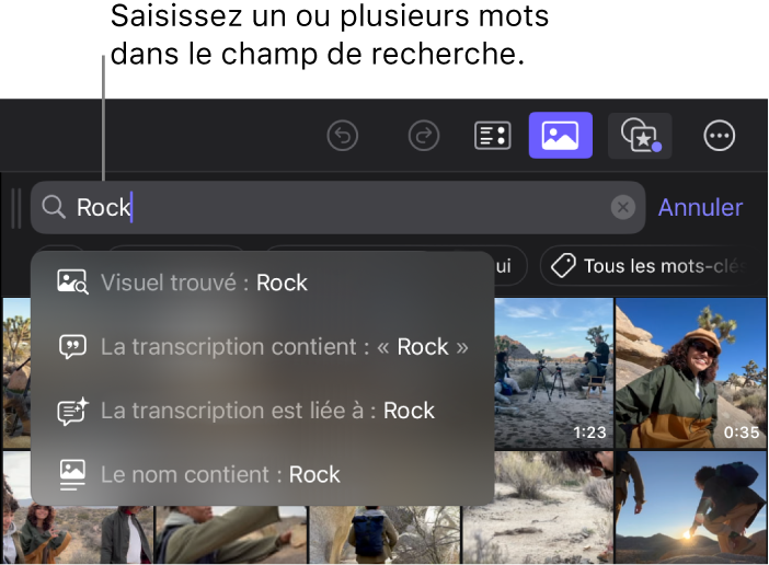 Navigateur affichant des plans correspondant au mot « Rock » saisi dans le champ de recherche, avec des options qui permettent d’affiner les résultats de recherche en fonction d’éléments visuels, de dialogues ou du texte.