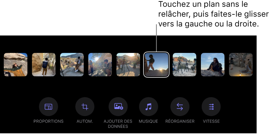 Plan sélectionné dans la rangée de vignettes en bas de l’écran Créateur de montages.