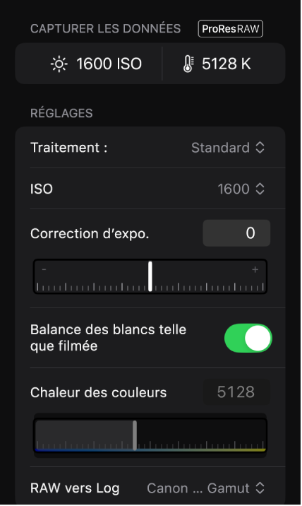 Inspecteur affichant les réglages de conversion ProRes RAW standard.