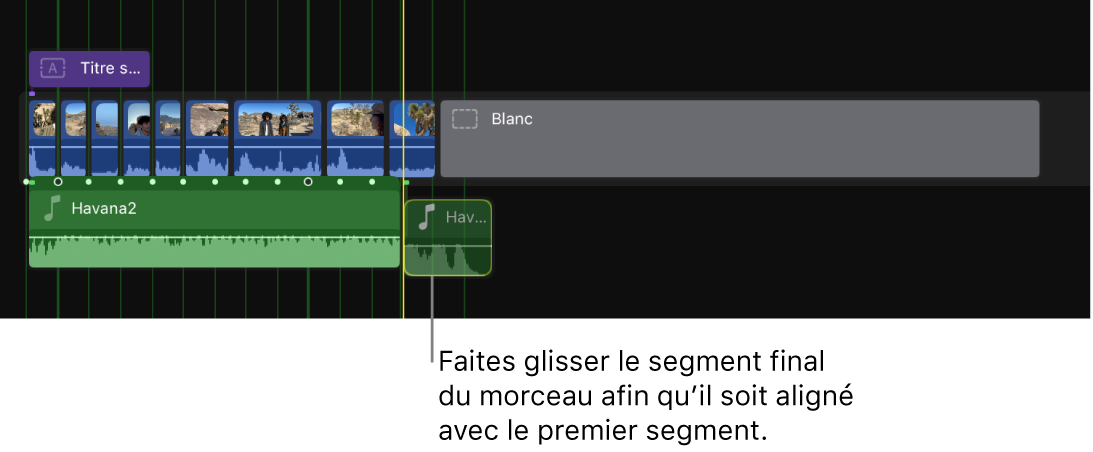 Timeline affichant le segment de fin du plan musical en cours de glissement vers le premier segment pour combler le blanc.